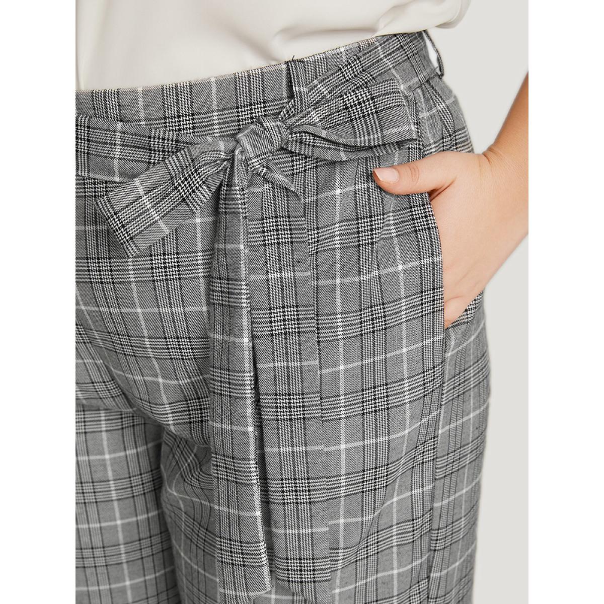 Plus Size Gingham Pocket Belted Wide leg Pants Women Black Office Straight Leg High Rise Office Pants BloomChic 30/6X Product Image