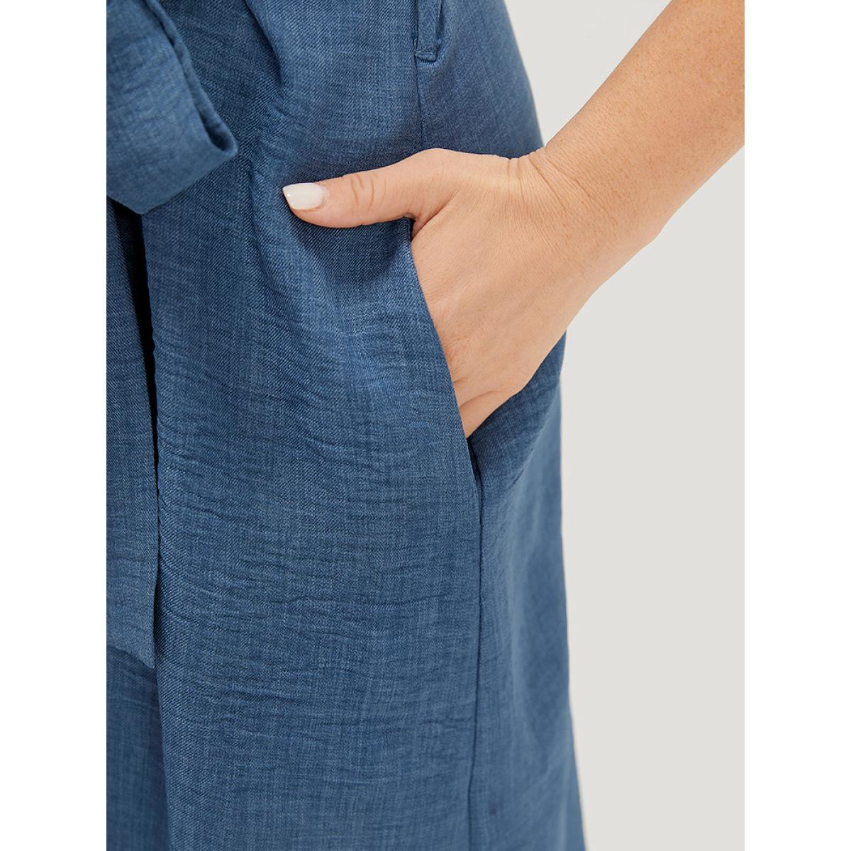 Plus Size Suit Collar Belted Pocket Button Through Sleeveless Dress Blue Women Elegant Belted Suit Collar Sleeveless Curvy Knee Dress BloomChic 14-16/1X Product Image