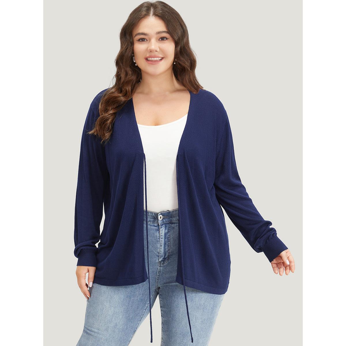 Plus Size Supersoft Essentials Plain Tie Front Elastic Cuffs Cardigan Indigo Women Casual Loose Long Sleeve Everyday Cardigans BloomChic 14-16/1X Product Image