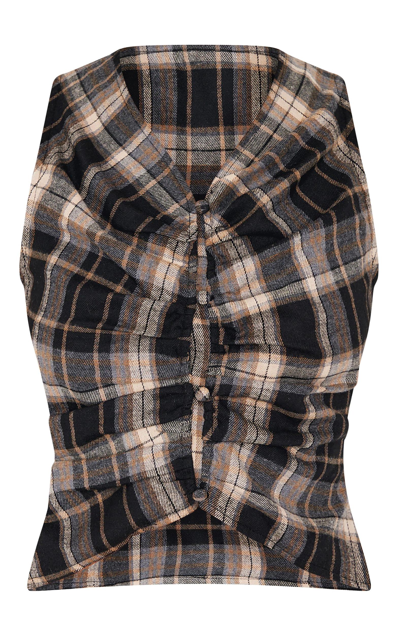 Brown Check Ruched Front Long Top Product Image