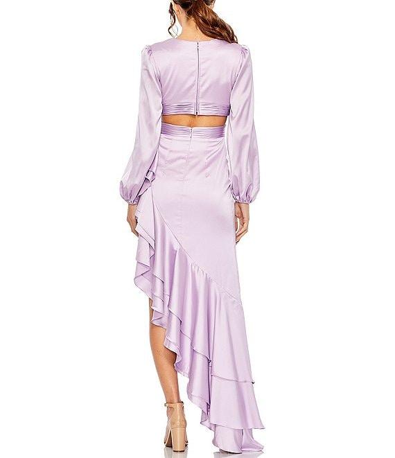 Mac Duggal Satin Deep V-Neck Long Balloon Sleeve Cut-Out Side Tiered Ruffle Asymmetrical Hemline Gown Product Image