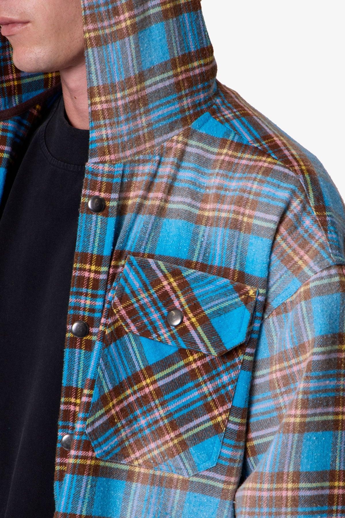 Faded Hooded Flannel Shirt - Washed Blue Product Image