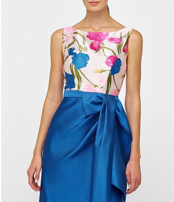Kay Unger Tabitha Iris Jacquard Floral Bateau Neck Bow Sash Waist Column Gown Product Image