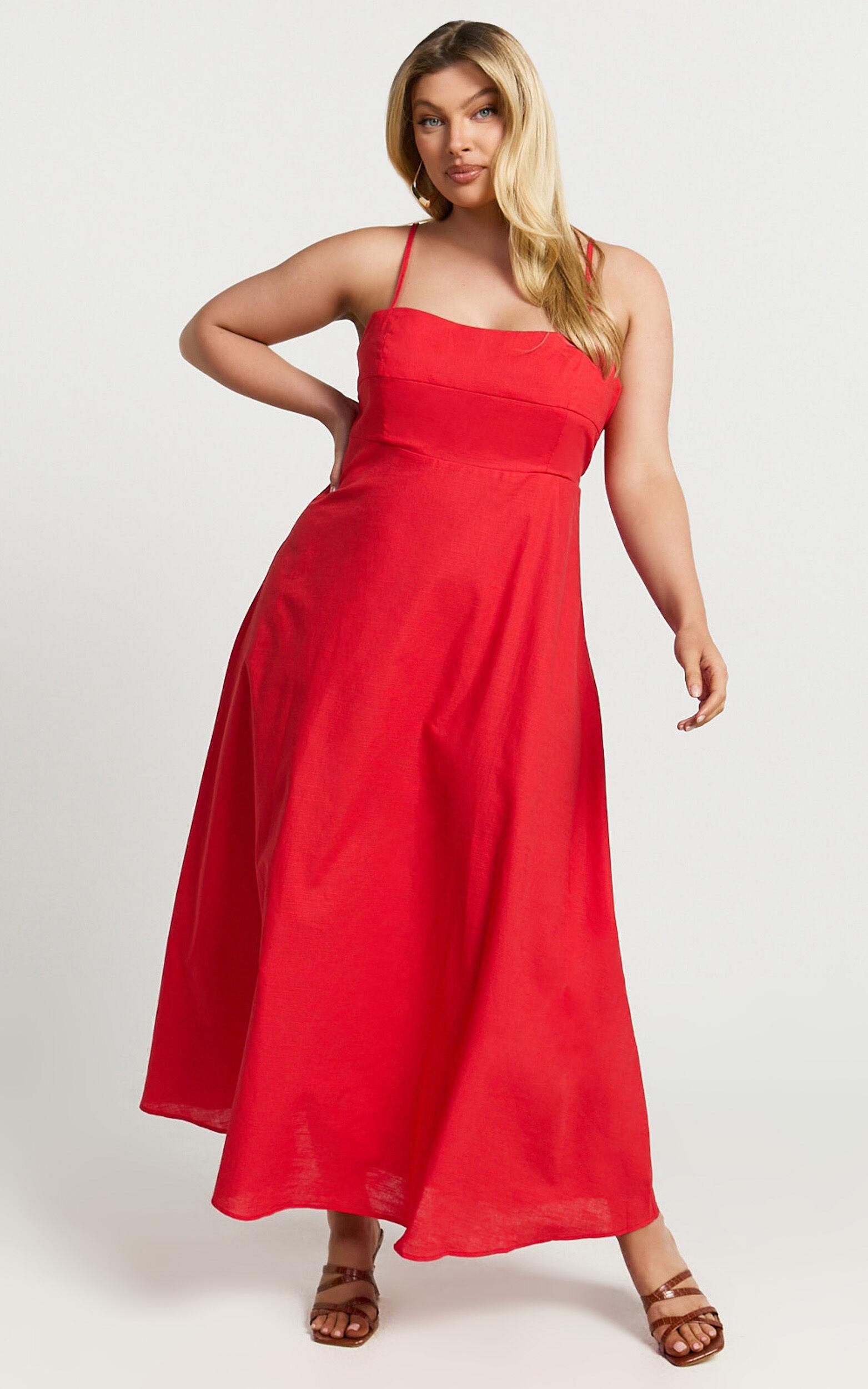 Brette Midi Dress - Linen Straight Neck Strappy Fit And Flare Dress in Red Product Image