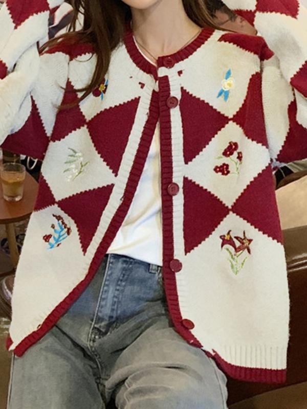 Floral Embroidery Argyle Buttoned Cardigan Product Image