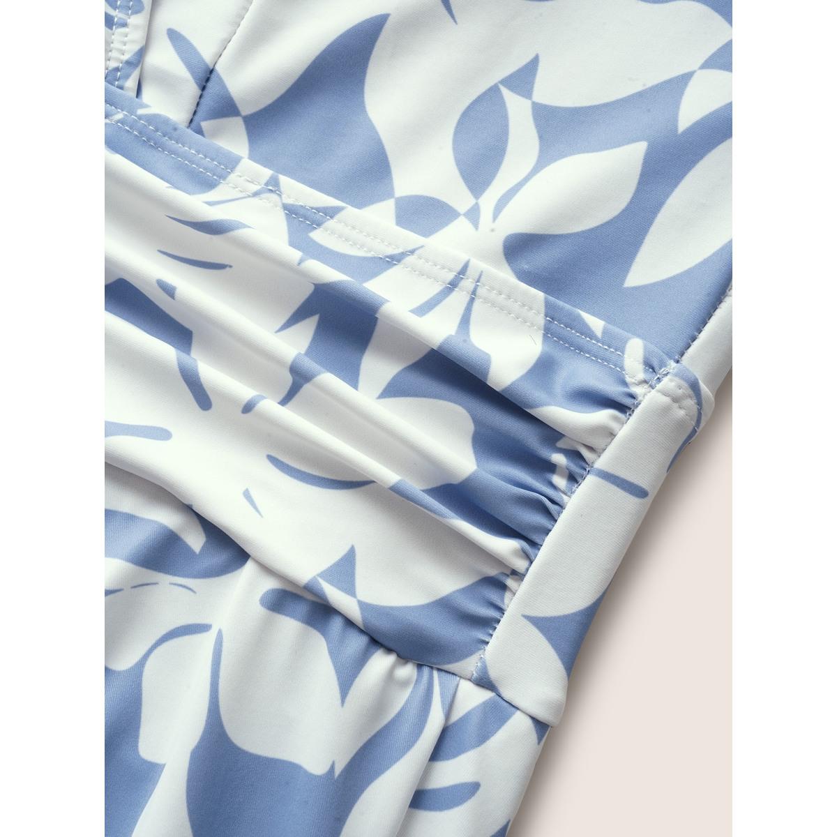 Plus Size Overlap Collar Silhouette Floral Print Swim Dress Women's Swimwear LightBlue Beach Bodycon Overlap Collar High stretch Curve Swim Dresses BloomChic 26/4X Product Image