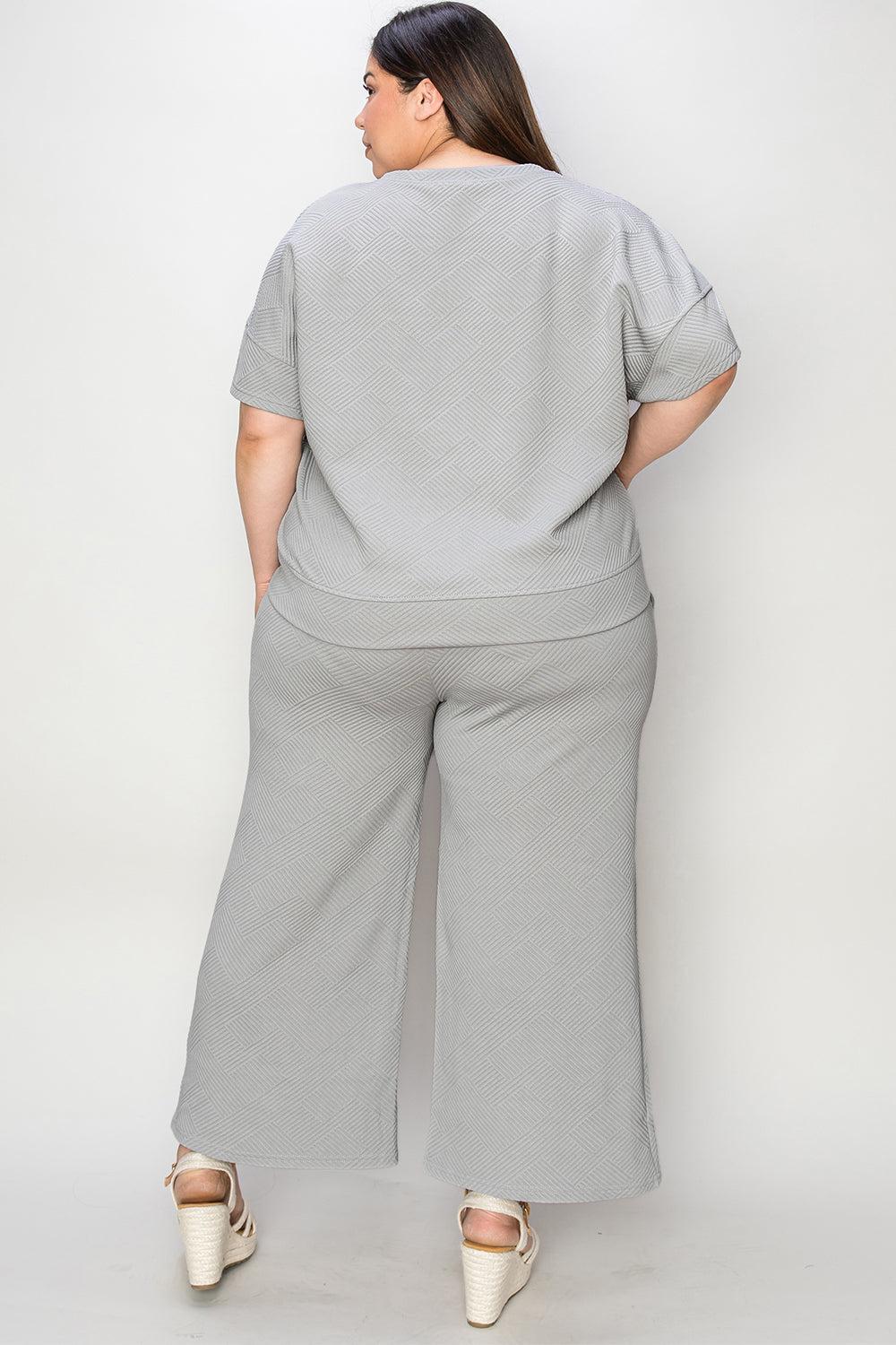 Double Take Full Size Texture Short Sleeve Top and Pants Set Product Image