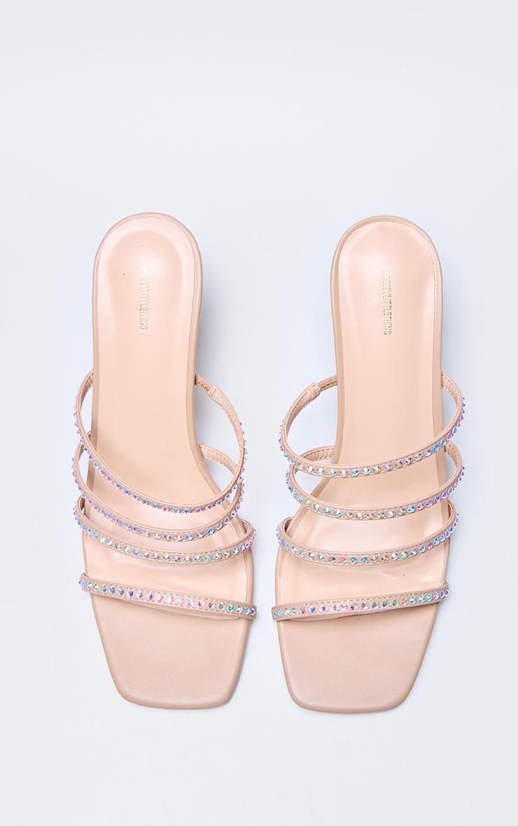 Nude PU Point Toe Diamante Strappy Heeled Mules Product Image