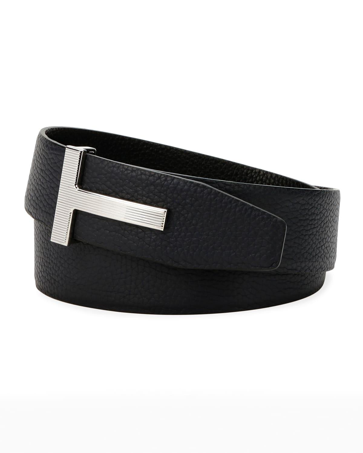 Mens Ridged T-Buckle Reversible Leather Belt Product Image
