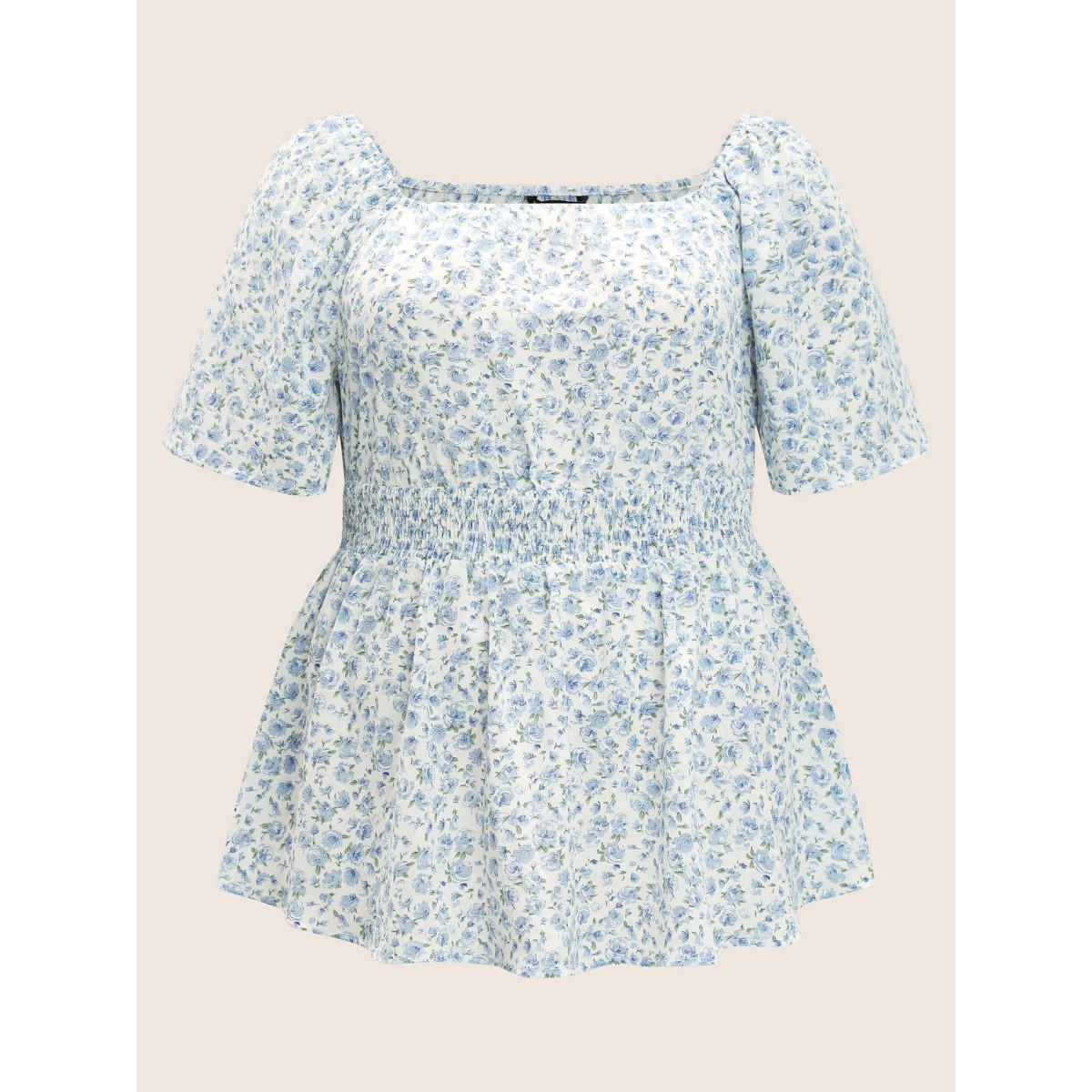 Plus Size White Ditsy Floral Ruffle Sleeve Shirred Square Neck Blouse Women Elegant Short sleeve Square Neck Everyday Blouses BloomChic 22-24/3X Product Image