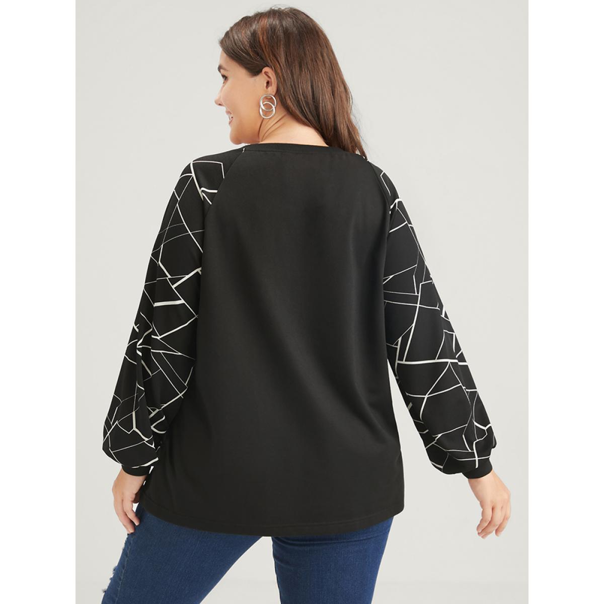 Plus Size Geometric Raglan Sleeve Round Neck Sweatshirt Women Black Elegant Patchwork Round Neck Dailywear Sweatshirts BloomChic 10/M Product Image