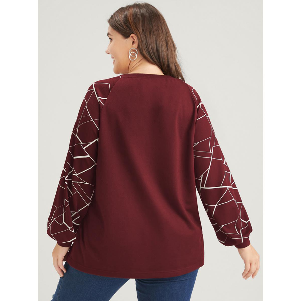 Plus Size Geometric Raglan Sleeve Round Neck Sweatshirt Women Burgundy Elegant Patchwork Round Neck Dailywear Sweatshirts BloomChic 28/5X Product Image