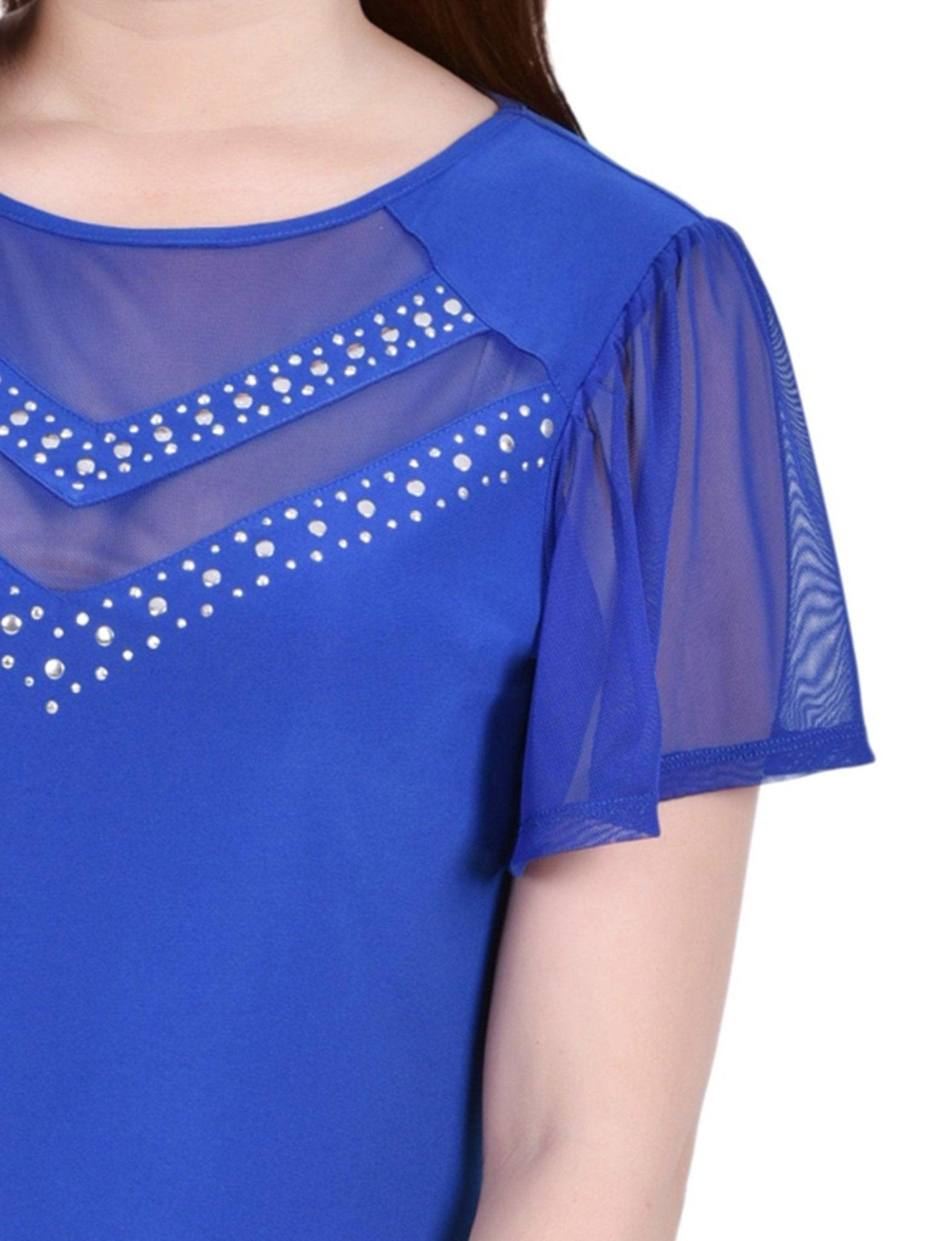 Victoria Blue Studded Short Flutter Sleeve Top With Mesh Details - Petite Product Image