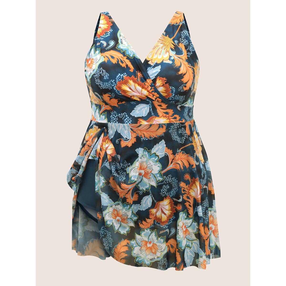 Plus Size Overlap Collar Contrast Floral Mesh Swim Dress Women's Swimwear Cyan Beach Bodycon Overlap Collar High stretch Curve Swim Dresses BloomChic 18-20/2X Product Image