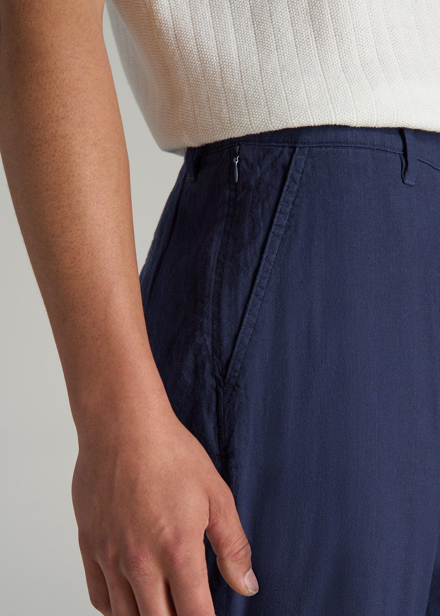 Garment Dyed Linen Casual Pants for Tall Men in Summer Blue Male Product Image