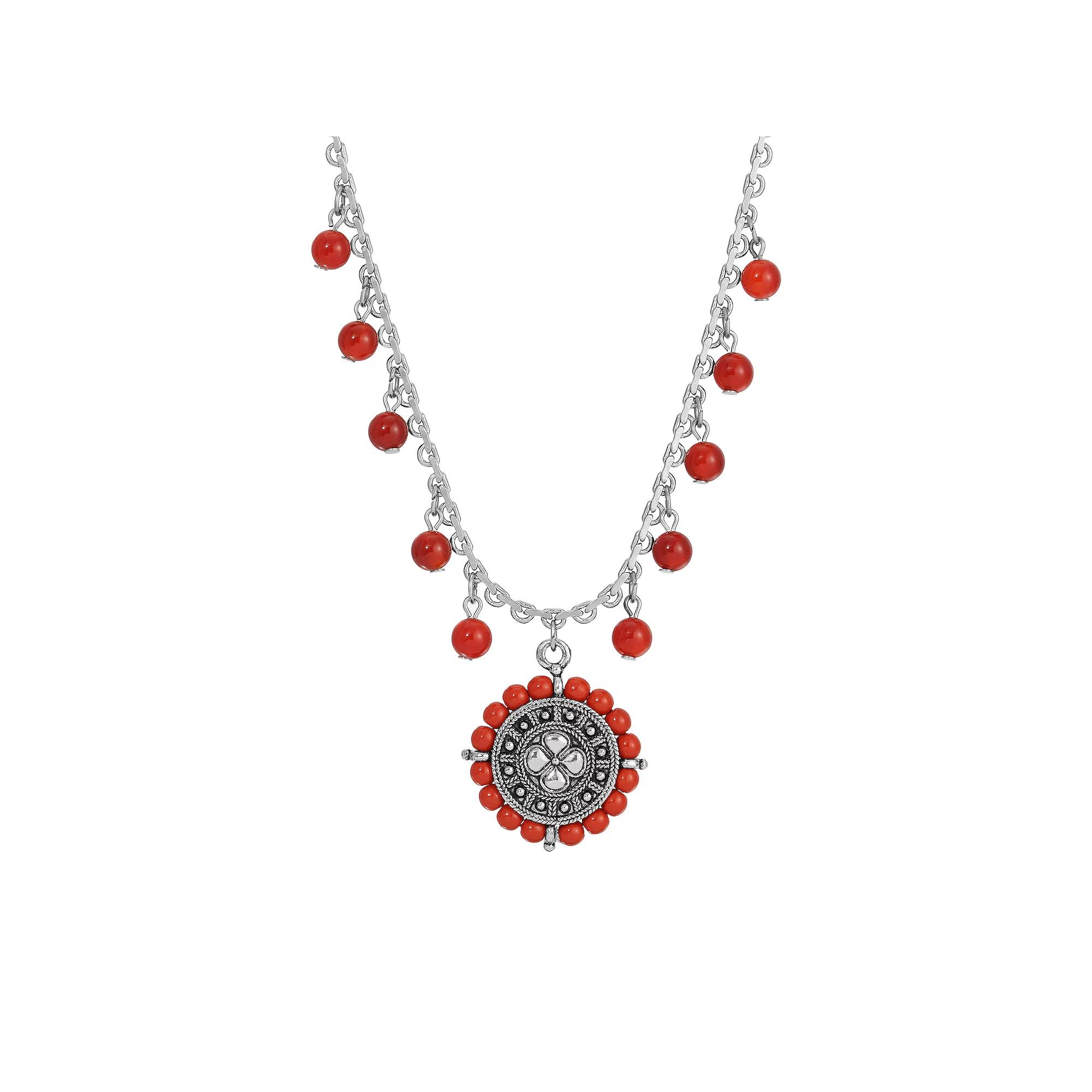 1928 Silver Tone Round Disc with Red Semi Beads Necklace, Womens Product Image