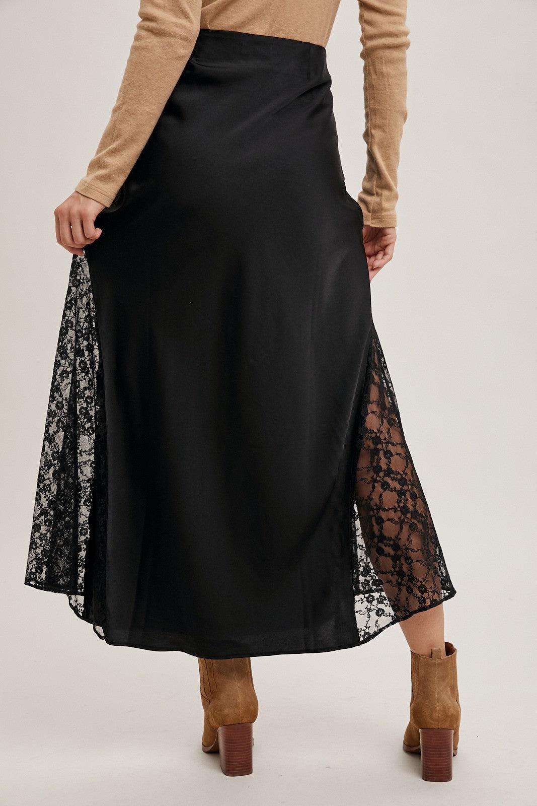 Lace Trimmed Satin Midi Skirt Product Image
