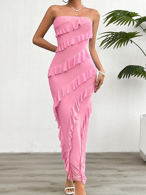 Bodycon High Waisted Ruffle Trim Solid Color Split-Back Split-Joint Tube Maxi Dresses Product Image