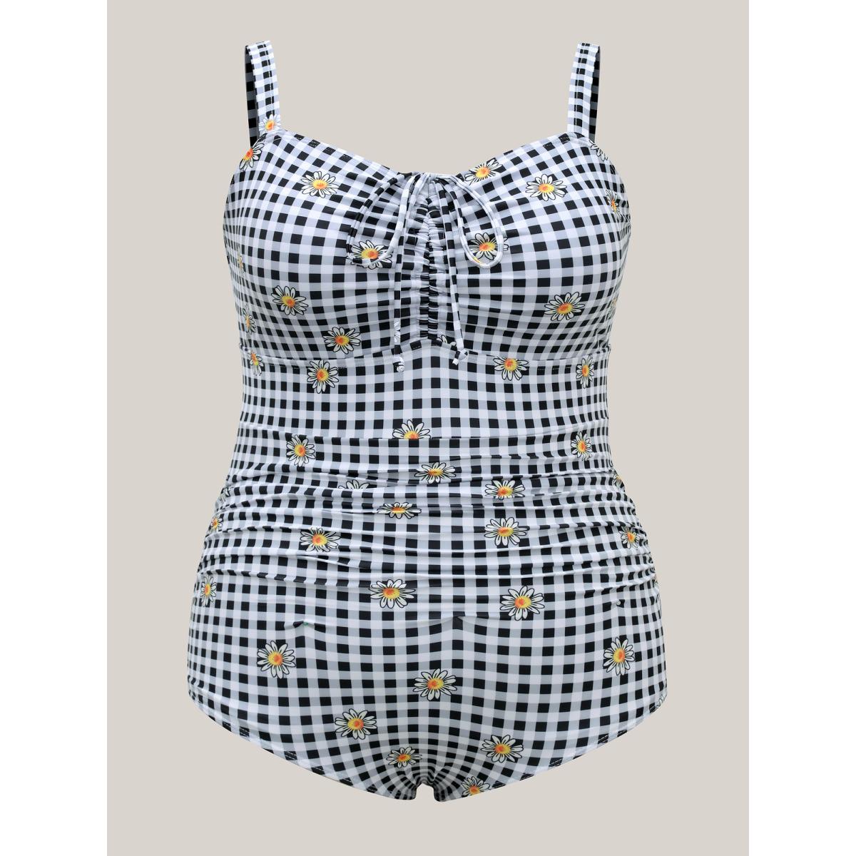 Plus Size Plaid Floral Print Drawstring One-Piece Swimsuit Women's Swimwear Black Beach Gathered Curve Bathing Suits High stretch One Pieces BloomChic 28/5X Product Image