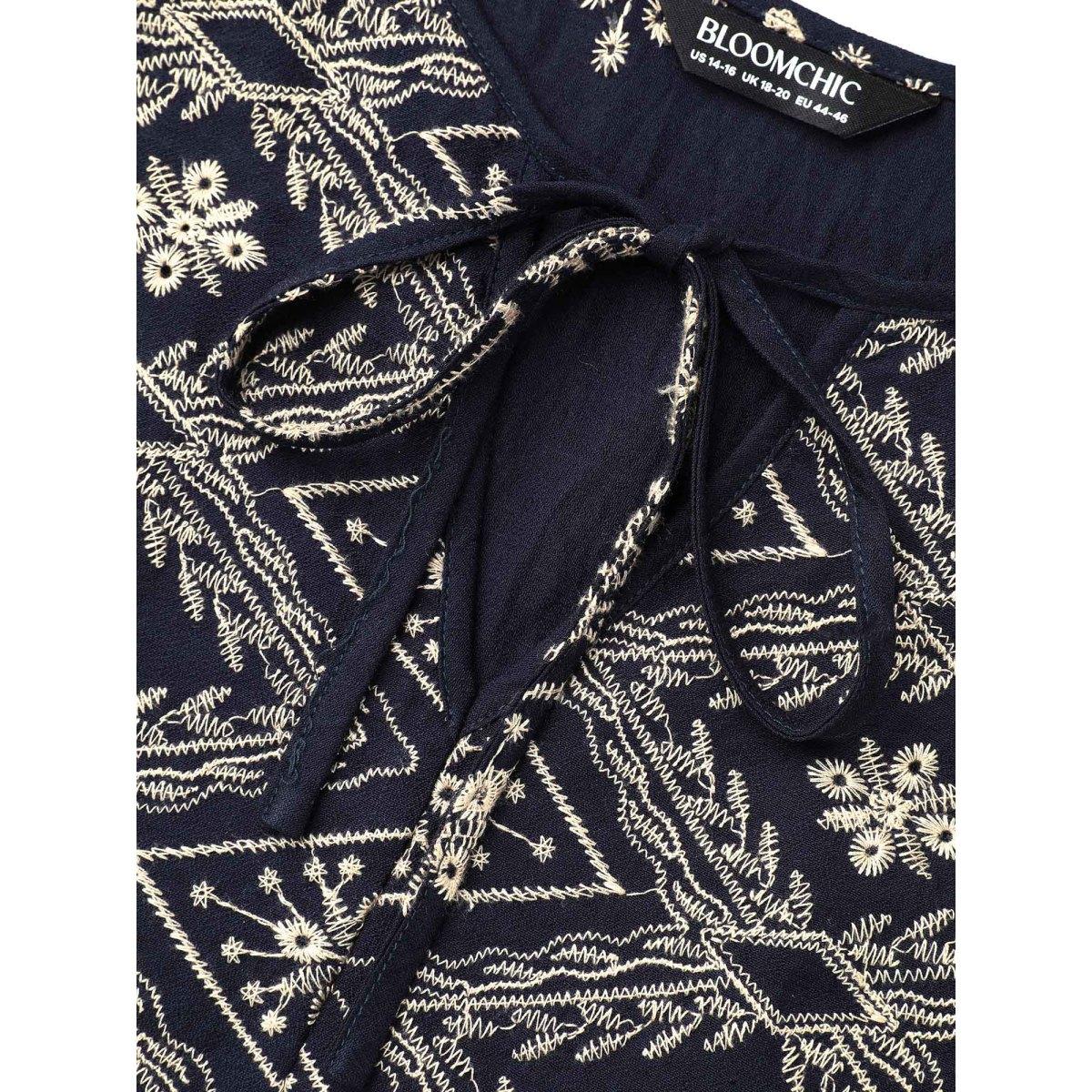 Plus Size Indigo Boho Embroidered Pleated V-Neck Blouse Women Resort Elbow-length sleeve V-neck Vacation Blouses BloomChic 14-16/1X Product Image