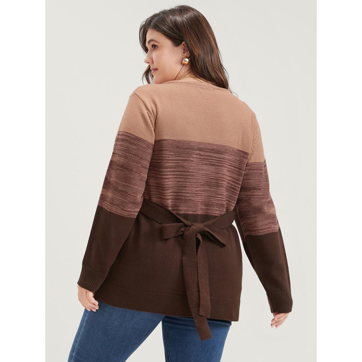 Plus Size Colorblock Contrast Pointelle Knit Pocket Belted Open Front Cardigan Multicolor Women Casual Loose Long Sleeve Dailywear Cardigans BloomChic 12/L Product Image
