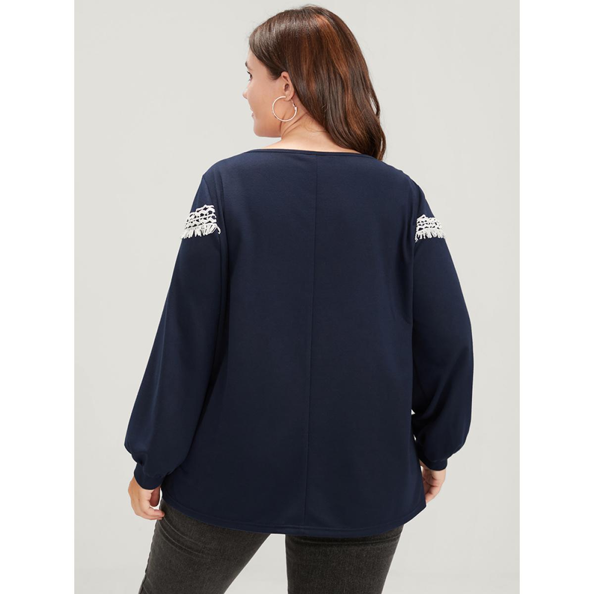 Plus Size Plain Round Neck Contrast Lace Drop Shoulder Sweatshirt Women Midnight Casual Contrast Round Neck Dailywear Sweatshirts BloomChic 26/4X Product Image