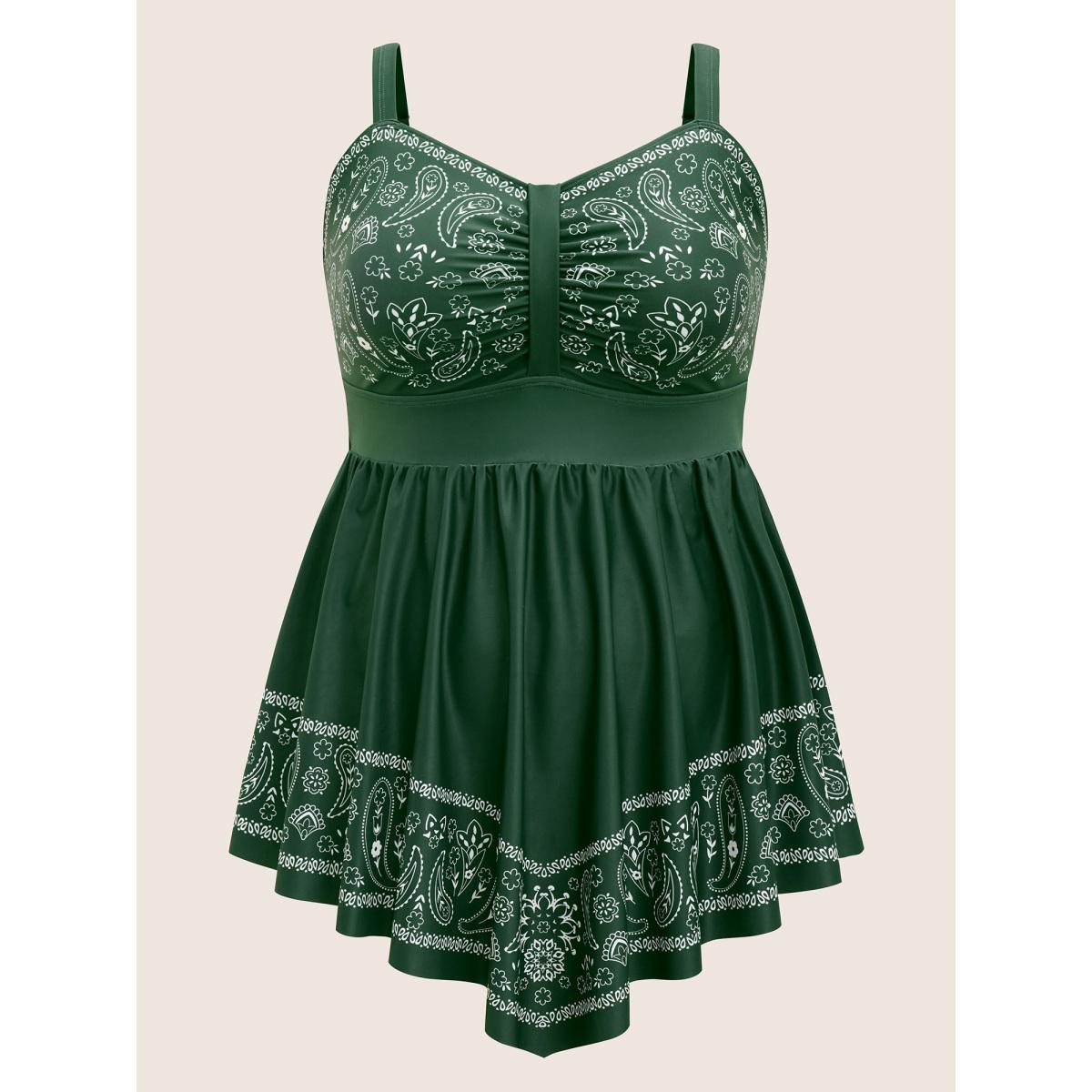 Plus Size Paisley Print Ruched Adjustable Straps Swim Dress Women's Swimwear ArmyGreen Beach Bodycon Heart neckline High stretch Curve Swim Dresses BloomChic 26/4X Product Image
