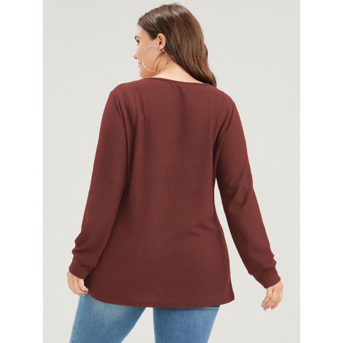 Plus Size Solid Drop Shoulder Contrast Lace Waffle Knit Sweatshirt Women Russet Casual Patchwork V-neck Dailywear Sweatshirts BloomChic 14-16/1X Product Image
