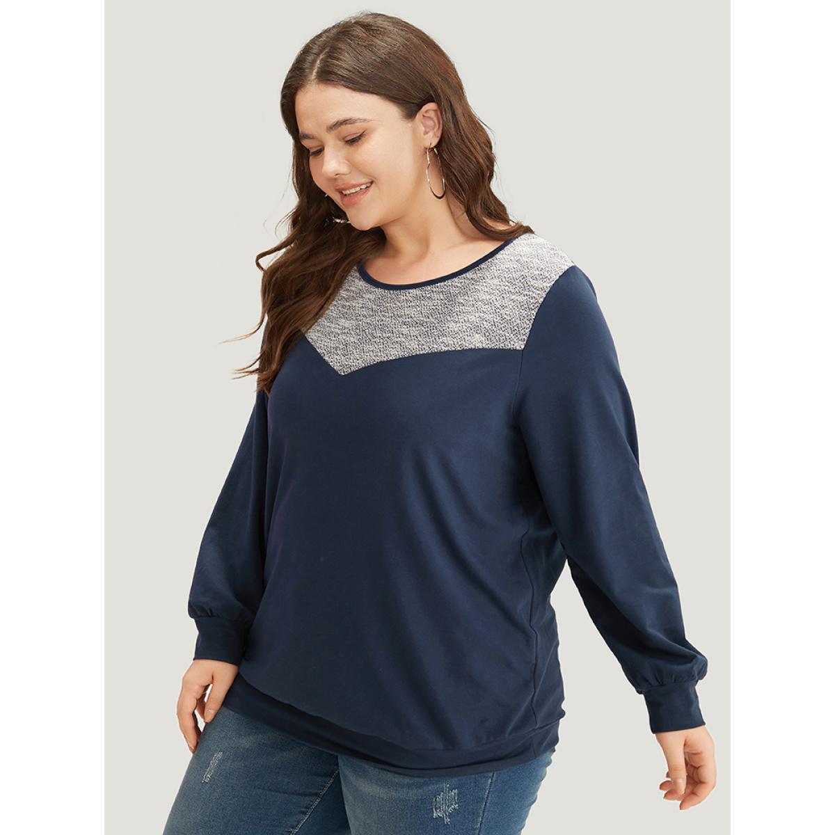 Plus Size Two Tone Patchwork Crew Neck Sweatshirt Women Indigo Casual Elastic cuffs Round Neck Dailywear Sweatshirts BloomChic 12/L Product Image