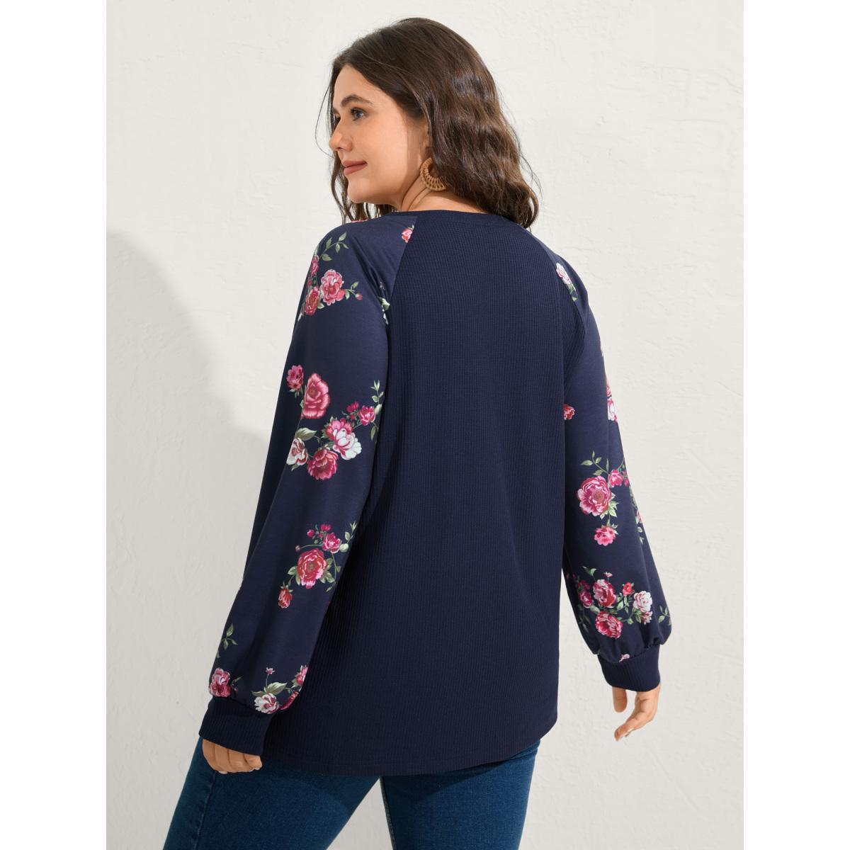 Plus Size Rosy Sleeve Textured Lace Solid Sweatshirt Women DarkBlue Leisure Woven ribbon&lace trim Round Neck Vacation Sweatshirts BloomChic 18-20/2X Product Image