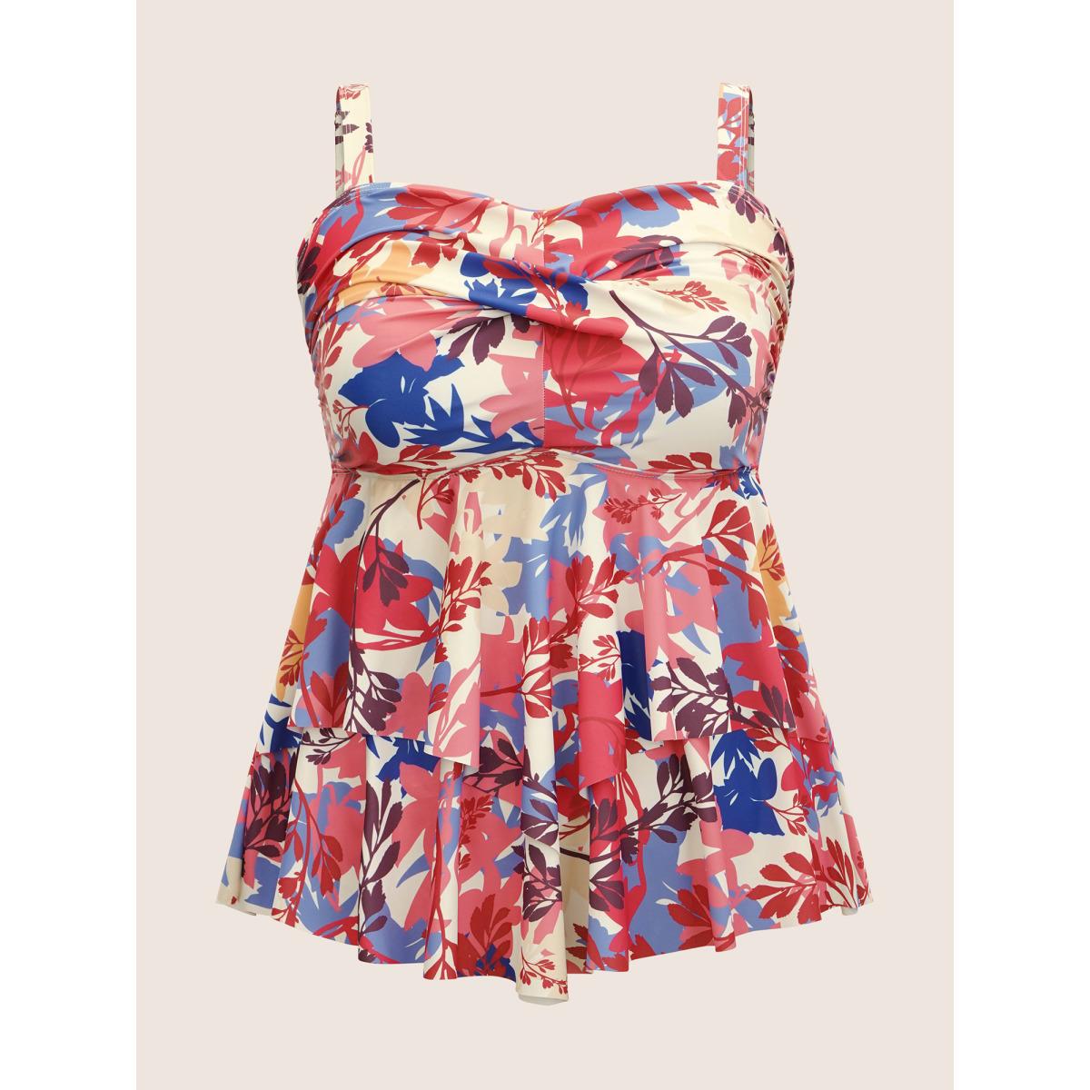 Plus Size Silhouette Floral Print Crossover Tiered Hem Swim Top Women's Swimwear Multicolor Beach Twist High stretch Bodycon Heart neckline Curve Swim Tops BloomChic 26/4X Product Image
