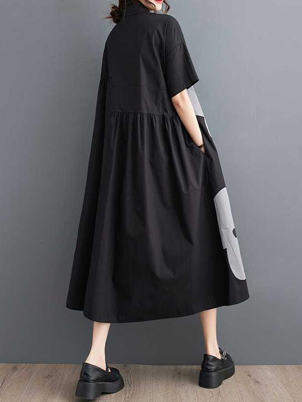 Loose Short Sleeves Buttoned Floral Printed Lapel Collar Midi Dresses Product Image