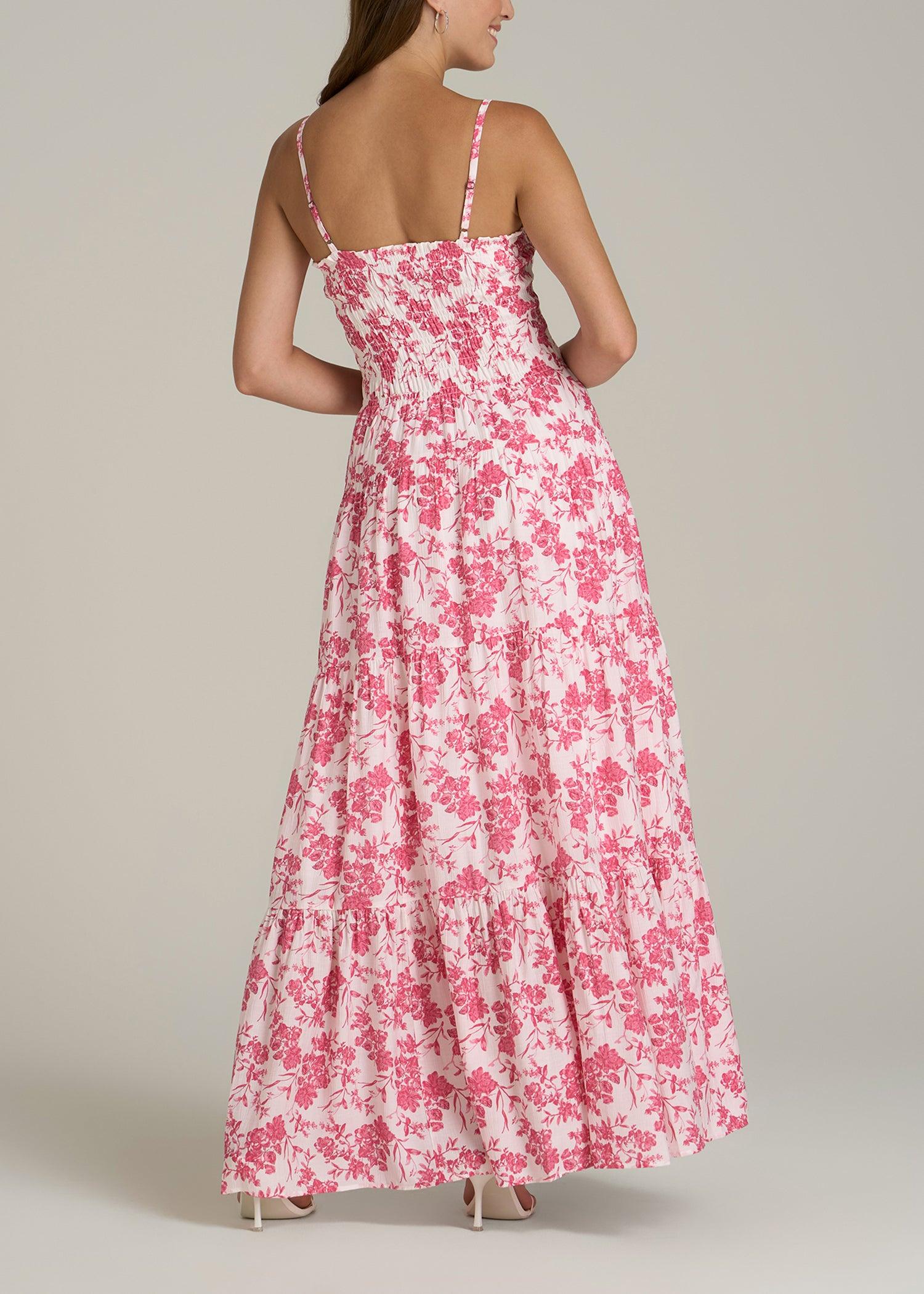 Strappy Tiered Maxi Dress for Tall Women in Pink Garden Floral Female Product Image