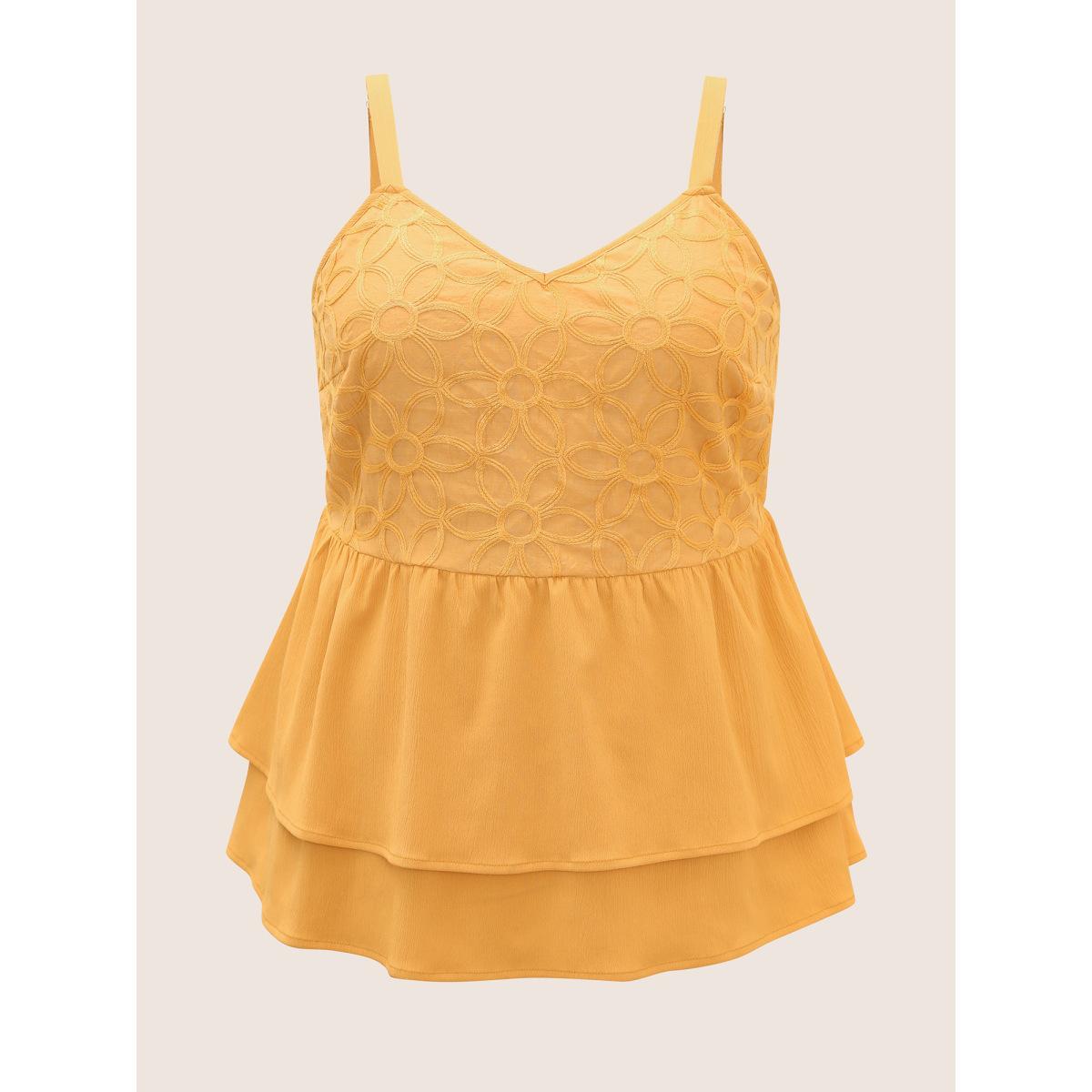 Plus Size Floral Texture Ruffle Layered Hem Cami Top Women Orange Resort Woven ribbon&lace trim Non Vacation Tank Tops Camis BloomChic 22-24/3X Product Image