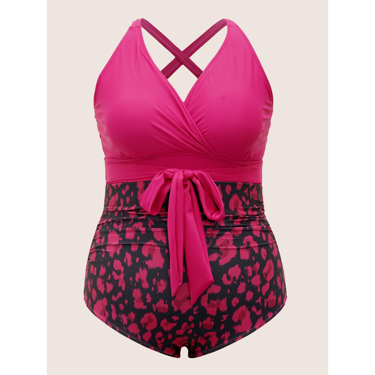 Plus Size Leopard Print Patchwork Tie Knot One Piece Swimsuit Women's Swimwear Rosered Beach Tie knot Curve Bathing Suits High stretch One Pieces BloomChic 10/M Product Image