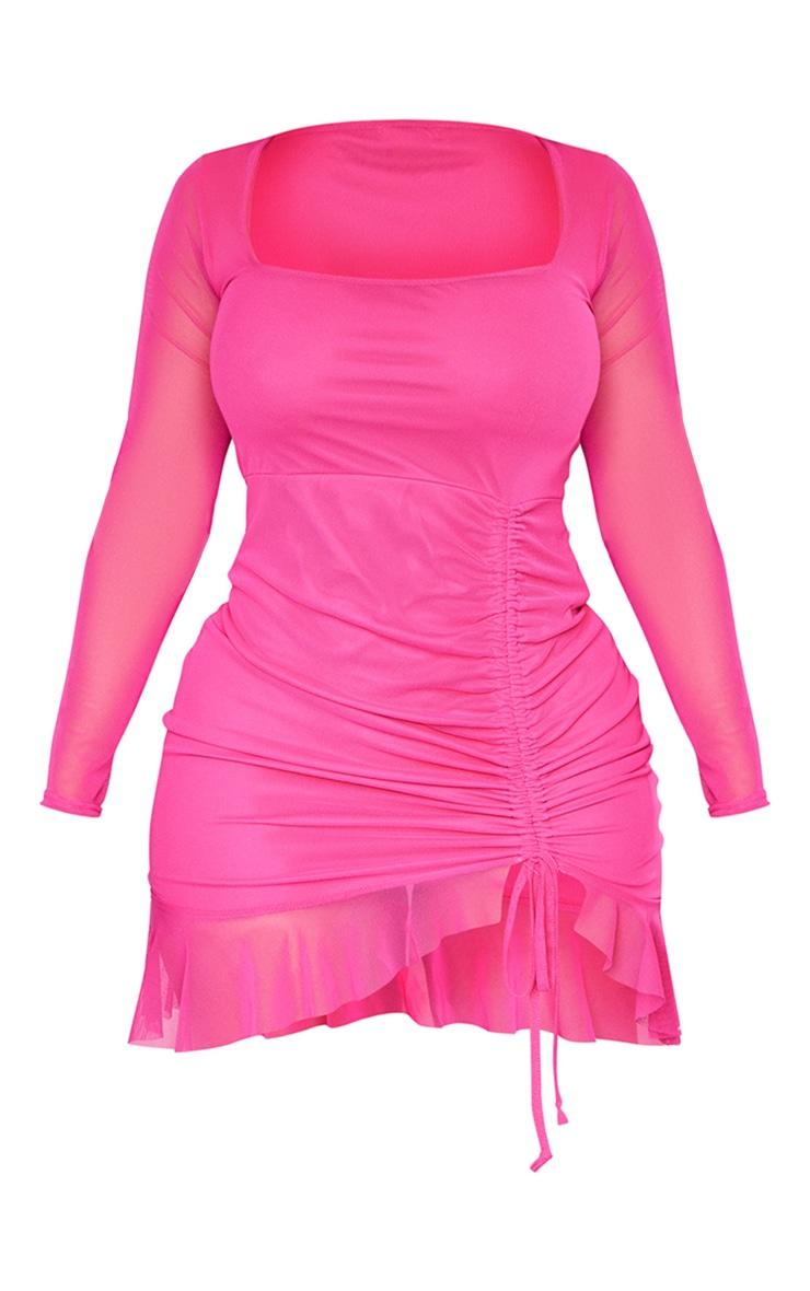 Shape Hot Pink Mesh Long Sleeve Ruched Side Frill Hem Bodycon Dress Product Image
