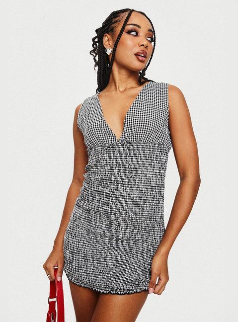 Solving Shirred Mini Dress Black Gingham Product Image