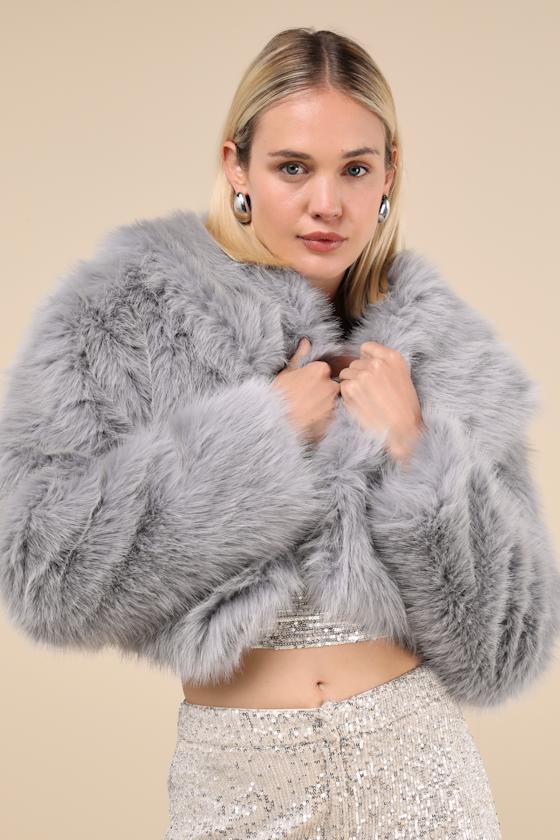 Incredibly Luxe Grey Faux Fur Cropped Jacket Product Image