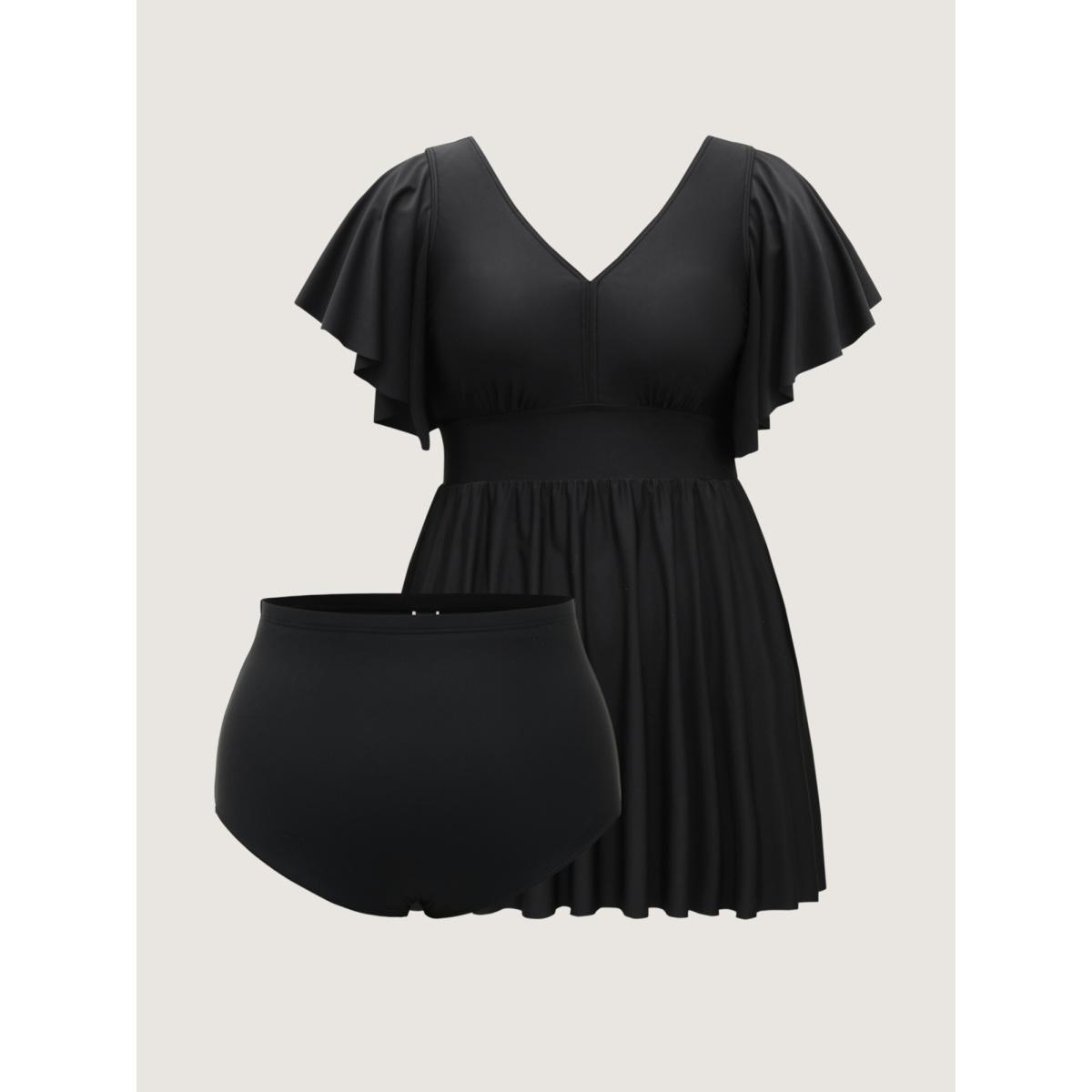 Plus Size Ruffled Sleeve Fit and Flare Swim Dress Women's Swimwear Black Resort Bodycon V-neck High stretch Curve Swim Dresses BloomChic 12/L Product Image
