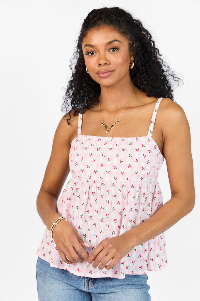 Sweet As Can Be Pink Cherry Gingham Print Tank FINAL SALE Product Image