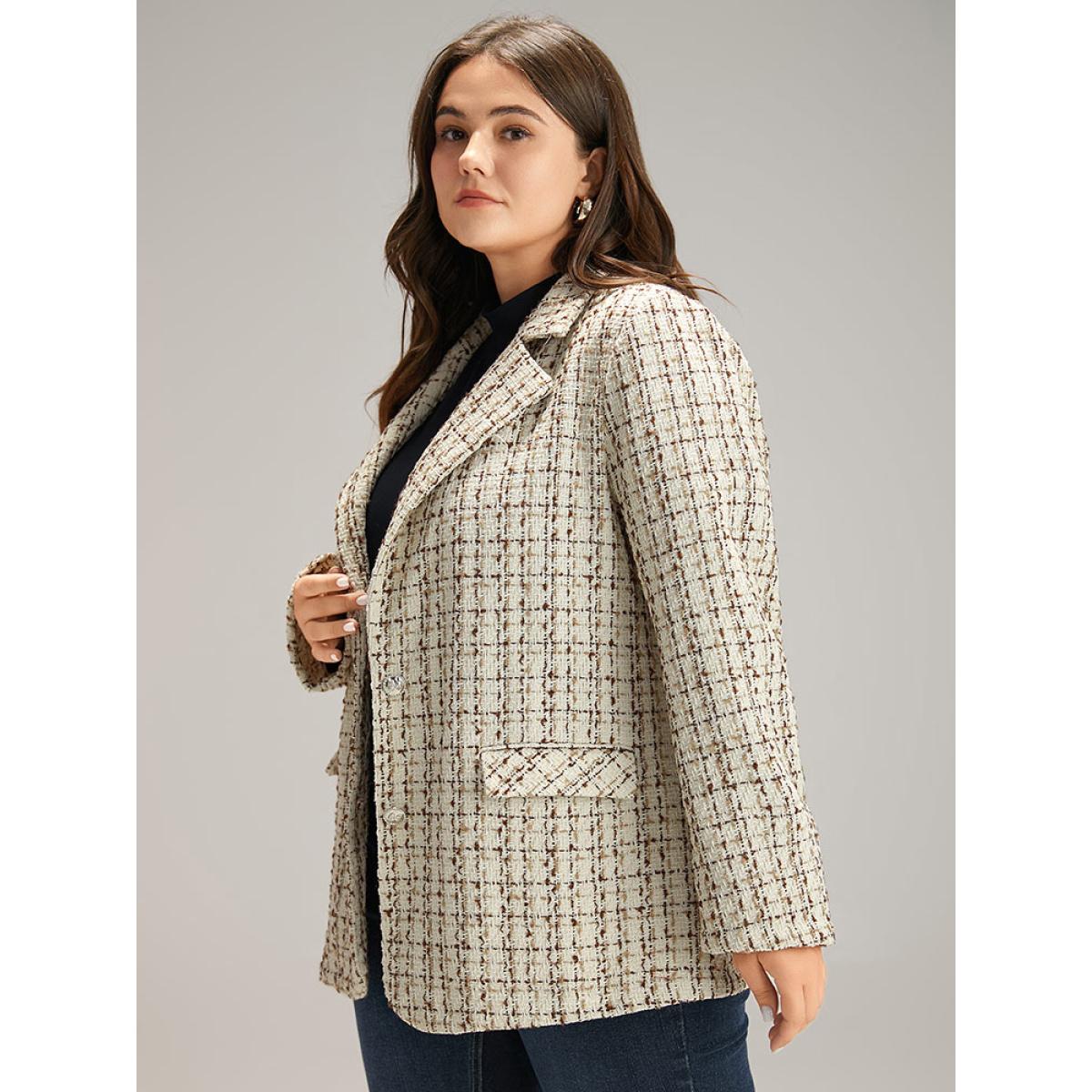 Plus Size Gingham Suit Collar Flap Pocket Blazer Ivory Women Dailywear Gingham Texture Sleeve Long Sleeve Suit Collar 28/5X Pocket Casual Blazers BloomChic Product Image