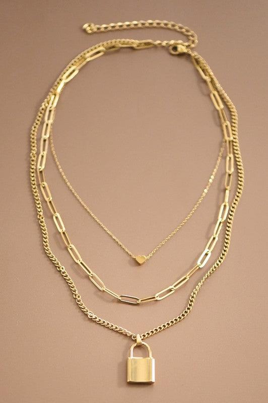 Gold Layered Lock and Heart Necklace Set Product Image