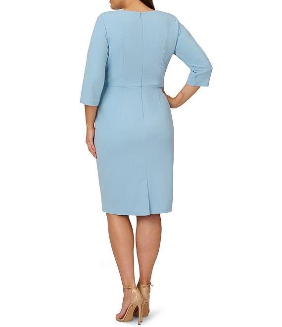Adrianna Papell Plus Size Crepe Knit Tie Waist 3/4 Sleeve Round Neck Sheath Dress Product Image