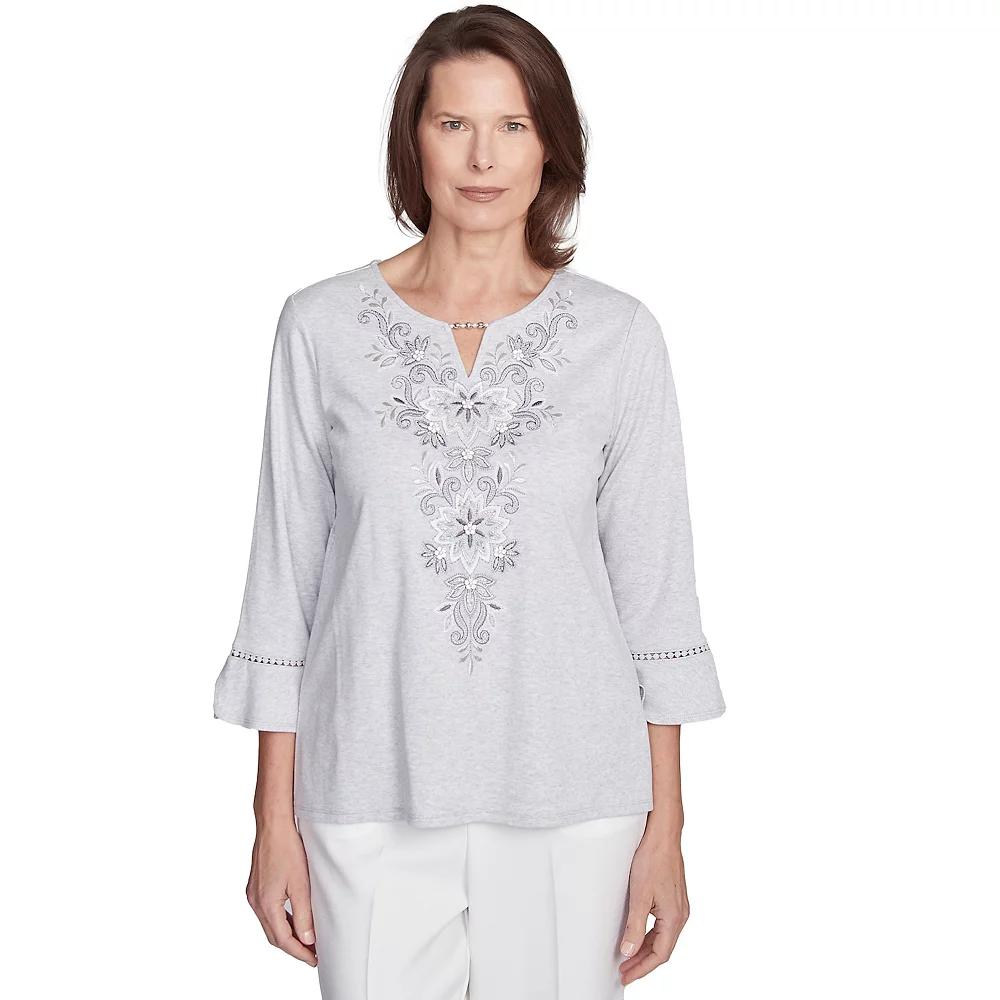 Petite Alfred Dunner Embroidered Scroll Bell Sleeve Top, Women's,  Product Image