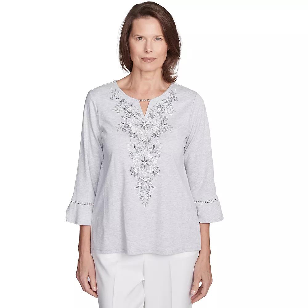 Petite Alfred Dunner Embroidered Scroll Bell Sleeve Top, Women's,  Product Image