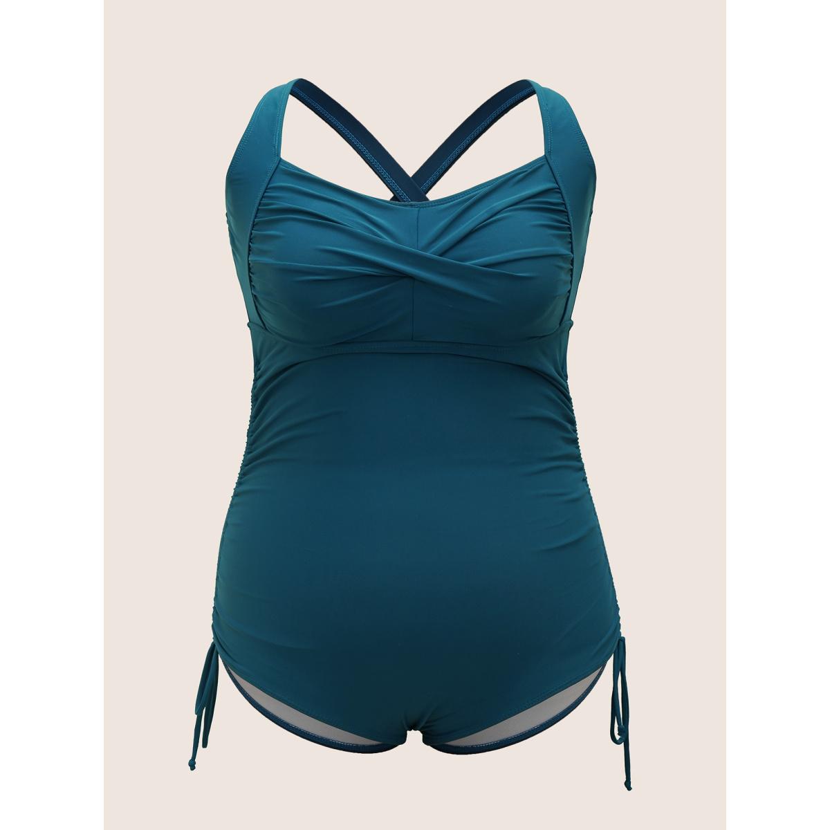 Plus Size Plain Ruched Crossover Drawstring One Piece Swimsuit Women's Swimwear Cyan Beach Twist Curve Bathing Suits High stretch One Pieces BloomChic 10/M Product Image