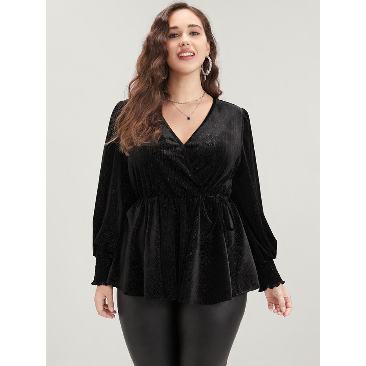 Plus Size Black Solid Shirred Lantern Sleeve Ties Up Velvet Wrap Blouse Women Party Long Sleeve V-neck Going out Blouses BloomChic 26/4X Product Image