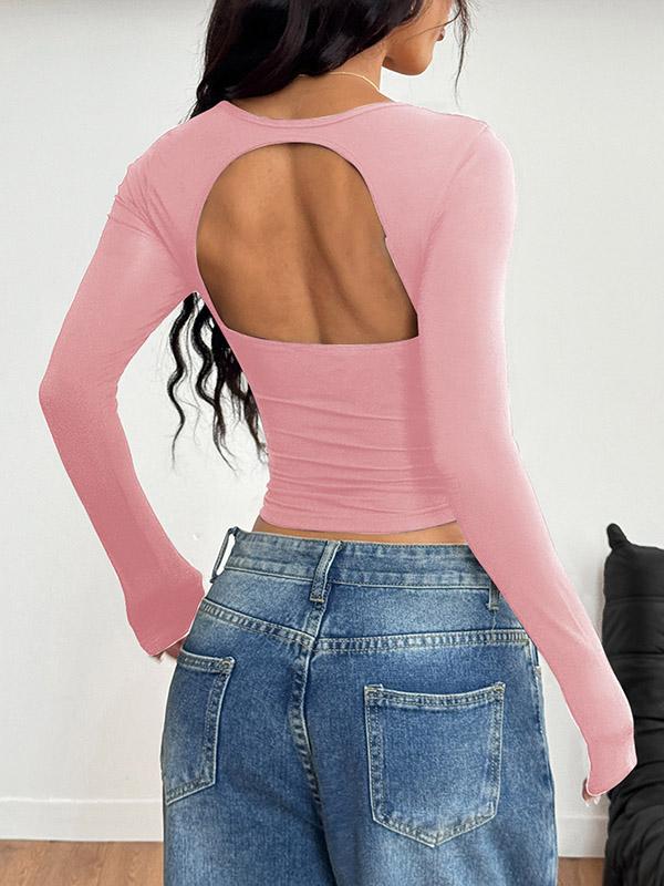 Long Sleeves Skinny Backless Pleated Solid Color Square-Neck T-Shirts Tops Product Image