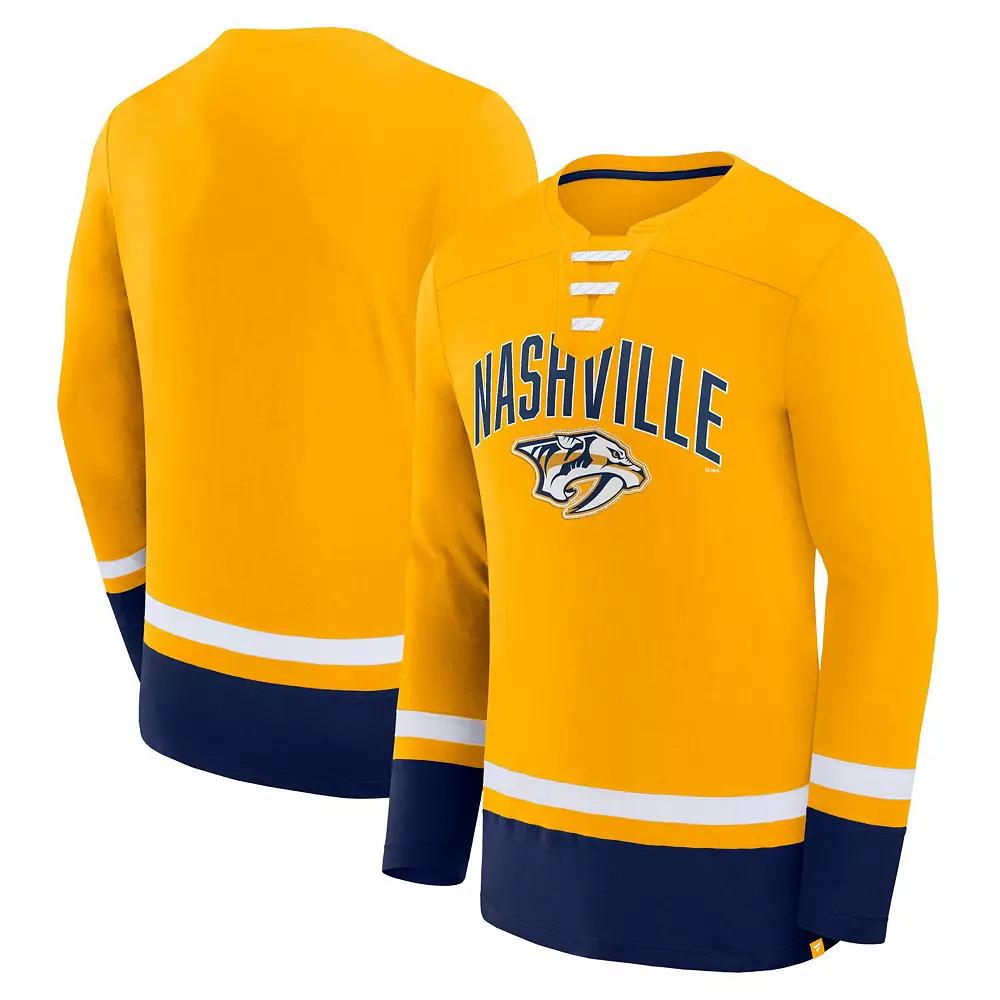 Men's Fanatics Branded Gold Nashville Predators Back Pass Lace-Up Long Sleeve T-Shirt, Size: XL, Pdt Gold Product Image