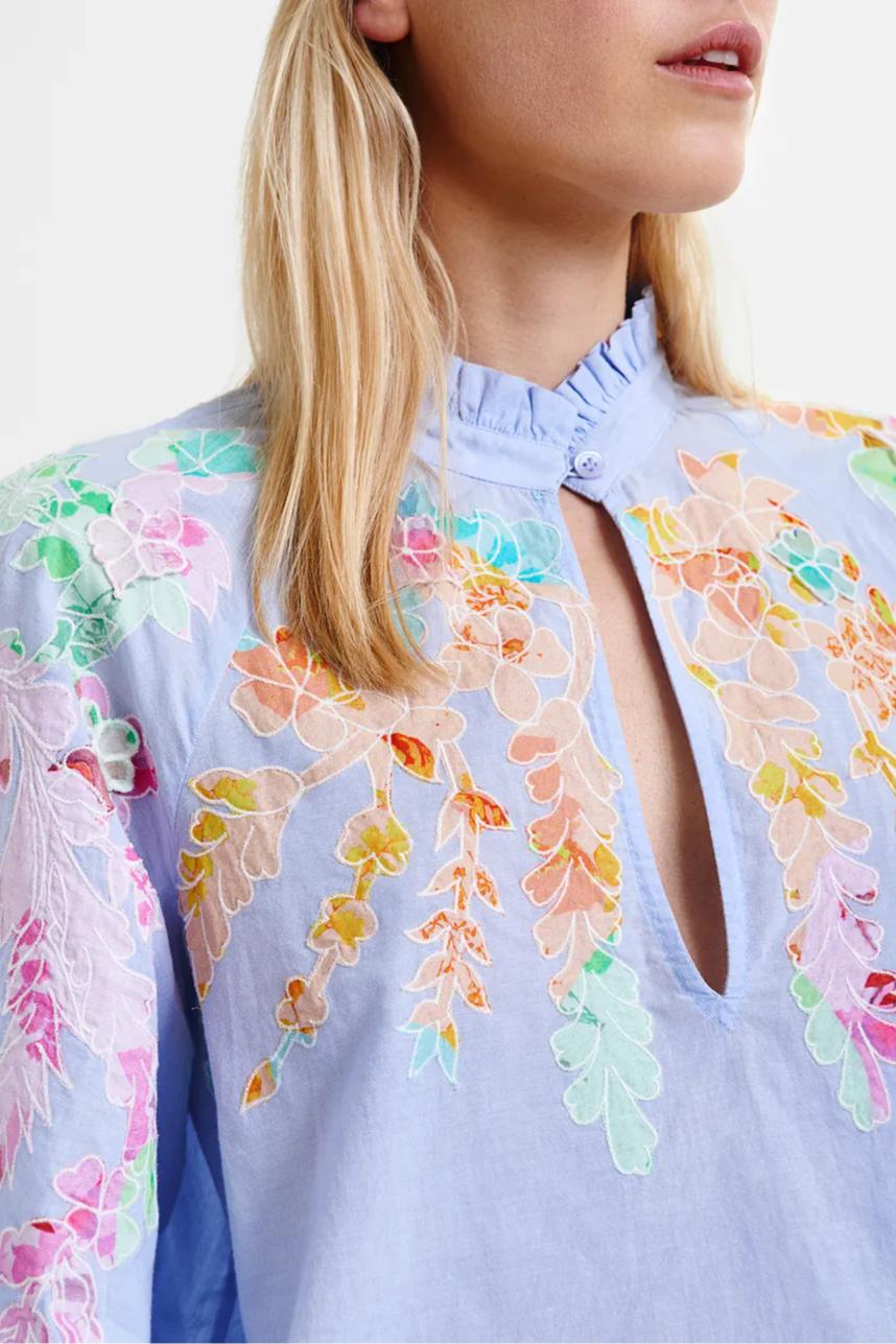 Light blue cotton top with floral embroidery and mandarin collar Product Image